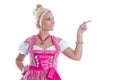 Beautiful bavarian woman isolated making promotion for Oktoberfest in munich.