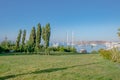 Beautiful bay with calm water, sandy beach, boats and yachts