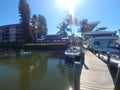 Beautiful bay front view with blue skies, water and boat