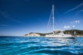 Beautiful bay with sailing boat, Mediterranean sea. Yachting, travel and active lifestyle concept