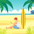 Ocean shore, tropical beach, sea coast. Surfer with a phone in his hands, on the sandy shore. Royalty Free Stock Photo