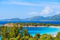 Beautiful beach with azure sea waterView of famous Palombaggia beach with pine trees and azure sea, Corsica island, France Royalty Free Stock Photo