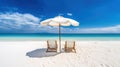 Beautiful beach banner. White sand, chairs and umbrella travel tourism wide panorama background concept.