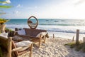 Beautiful beach. Beach furniture on the beach. Paradise vacation. Royalty Free Stock Photo