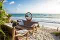 Beautiful beach. Beach furniture on the beach. Paradise vacation. Royalty Free Stock Photo