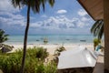 Beautiful beach. Beach furniture on the beach. Paradise vacation. Royalty Free Stock Photo