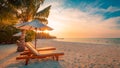 Beautiful beach. Chairs on the sandy beach near the sea. Summer holiday and vacation concept. Inspirational tropical scene.