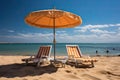 Beautiful beach. Chairs on the sandy beach near the sea. Summer holiday and vacation concept for tourism. Inspirational tropical Royalty Free Stock Photo