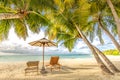 Beautiful beach. Chairs under palm trees sandy beach sea. Summer holiday and vacation concept for tourism. Inspirational beach Royalty Free Stock Photo