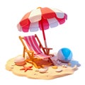 Beautiful beach chaise longue and umbrella on the background of shells and sand. The concept of leisure and summer