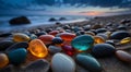 beautiful beach colored stones in the beach side with waves at the night, phosphorus stones, colored beach stones background Royalty Free Stock Photo