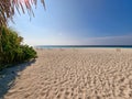 Beautiful beach with empty deckchairs