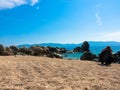 Panorama view of corsican beach with turquoise sea and rocks. Dreamlike sandy beach near Sagone Corsica