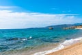 Panorama view of corsican beach with turquoise sea and rocks. Dreamlike sandy beach near Sagone Corsica