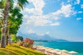 Beautiful beach with green trees in Kemer, Turkey. Royalty Free Stock Photo