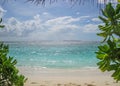 Beautiful Beach Lagoon view with palm trees and tropical leaves, can be used as background Royalty Free Stock Photo