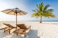 Idyllic beach landscape, two sun chairs and umbrella Royalty Free Stock Photo