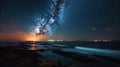 Beautiful beach at night, ocean with bioluminescent waves. Generative AI