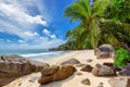 Beautiful beach with palm tree and cliffs at Seychelles.