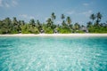 Beautiful beach with palm trees and moody sky. Summer vacation travel holiday background concept. Maldives paradise beach. Luxury Royalty Free Stock Photo