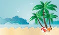 Beautiful beach paper art style with frame vector illustration