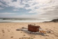 beautiful beach with picnic basket, blanket, and view of the ocean Royalty Free Stock Photo