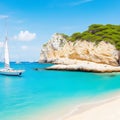 Beautiful beach with sailing boat yacht, Cala Macarelleta, Menorca island, Spain. Yachting, travel and active lifestyle concept