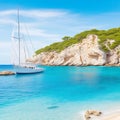 Beautiful beach with sailing boat yacht, Cala Macarelleta, Menorca island, Spain. Yachting, travel and active lifestyle concept