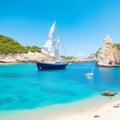 Beautiful beach with sailing boat yacht, Cala Macarelleta, Menorca island, Spain. Yachting, travel and active lifestyle concept Royalty Free Stock Photo