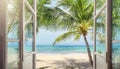 A beautiful beach scene with a palm tree in the foreground and a clear blue ocean in the background. The window is open, allowing Royalty Free Stock Photo