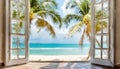 A beautiful beach scene with a palm tree in the foreground and a clear blue ocean in the background. The window is open, allowing Royalty Free Stock Photo