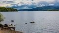 Beautiful beach on the shores of a large fresh water lake surrounded by mountains (Loch Lomond, Scotland