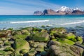 Beautiful beach during springtime on a sunny day with blue sky and silent ocean with small waves and green rocks