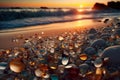Beautiful beach at sunset full of sea glass beach pebbles, sands and shells in the coast background sea waves sunset Royalty Free Stock Photo