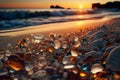 Beautiful beach at sunset full of sea glass beach pebbles, sands and shells in the coast background sea waves sunset Royalty Free Stock Photo