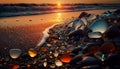 A beautiful beach at sunset full of sea glass made of tumbled carnival glass