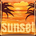 Beautiful beach sunset landscape with palm. Sunset over the sea, vector illustration Royalty Free Stock Photo