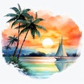 beautiful Beach Sunset Sailboat clipart illustration