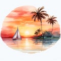 beautiful Beach Sunset Sailboat on the horizon clipart illustration