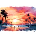 beautiful Beach Sunset Beach volleyball game clipart illustration