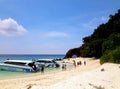 A beautiful beach in Thailand with speed boats and tourists