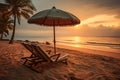 Beautiful Beach View with Gazebo and Lounge Chairs Relaxing Holiday Place at Sunset Royalty Free Stock Photo