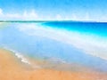 beautiful beach watercolor painting, blue sky and white sand texture. summer time and vacation background Royalty Free Stock Photo