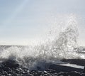 beautiful beach waves with bright sunlight, blue sky and coastal rocks around Royalty Free Stock Photo