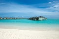 Beautiful beach with white sand.  ocean, blue sky with clouds.  Sunny day. Maldives tropical Royalty Free Stock Photo