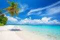 Beautiful beach with white sand, turquoise ocean, blue sky with clouds and palm tree over the water on a Sunny day. Maldives Royalty Free Stock Photo