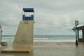 Beautiful Beach Of Zarauz With Its Picturesque And High Posts Of Lifeguards On A Rainy Day With Strong Wind Caused By The Temporar