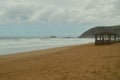 Beautiful Beach Of Zarauz On A Rainy Day With Strong Wind Caused By The Temporary Hugo. Landscapes Travel Nature.