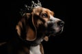 Beautiful Beagle Dog In Gold Crown On Matte Black Background. Generative AI