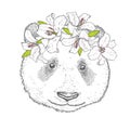 A beautiful bear in a wreath of lilies. Sweet panda in a flower wreath. Vector illustration.